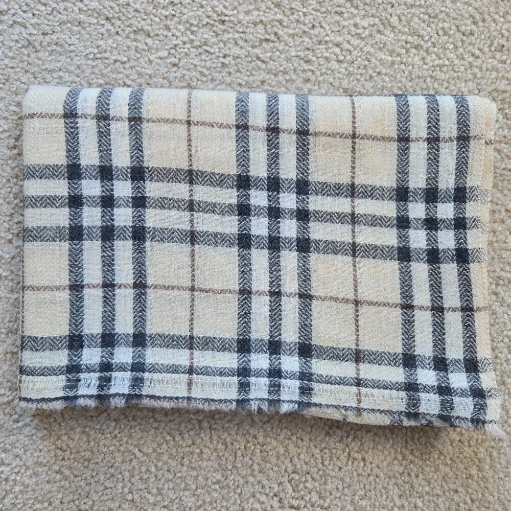 NWOT Cashmere Scarf Tan Plaid Nepal Open Weave Detail at Ends